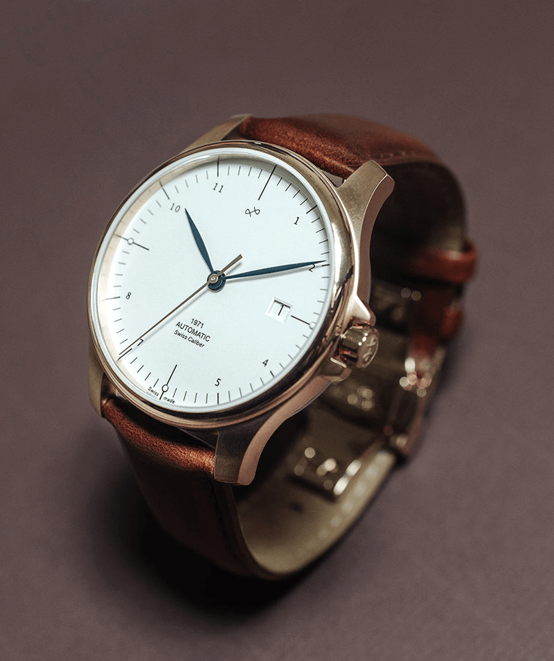 1971 Automatic, Rose Gold / White - Swiss Made by AV86 with minimalist dial, automatic movement, sapphire crystal, and brown leather strap