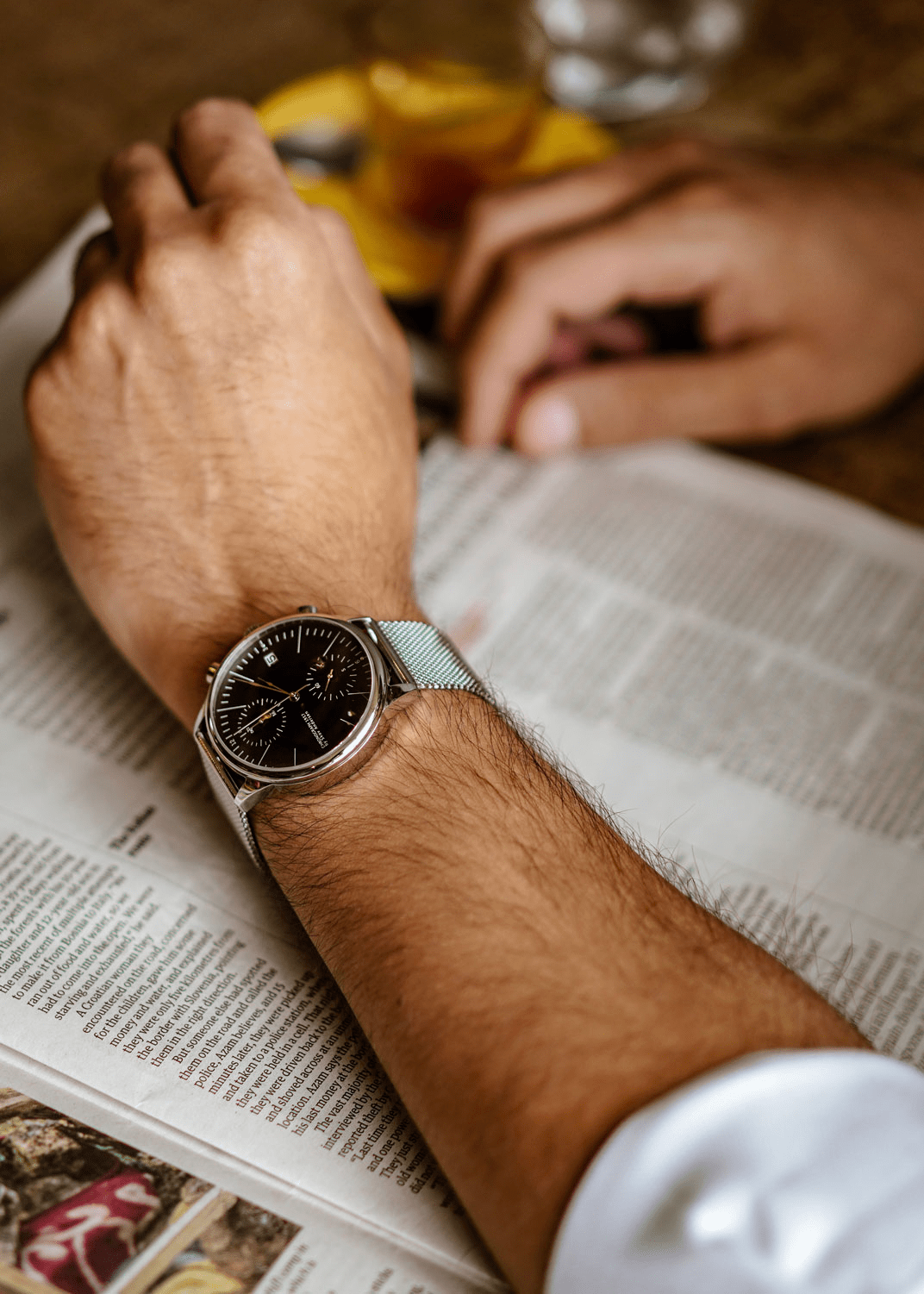 1844 Chronograph by AV86 with precision dial, chronograph function, sapphire crystal, and mesh metal strap in a casual setting