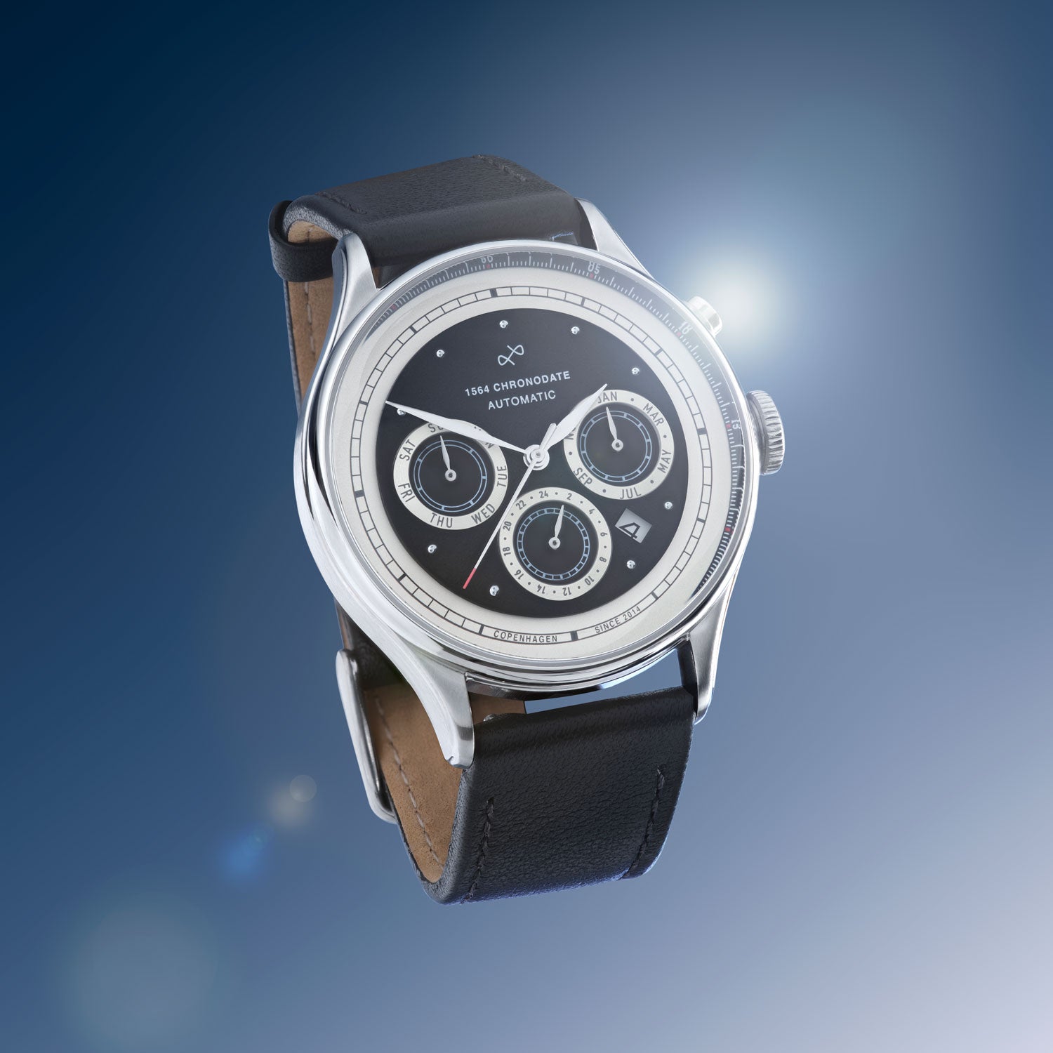 Chronograph automatic with polished case, sapphire crystal, and classic leather strap, showcasing refined Nordic minimalism by AV86.