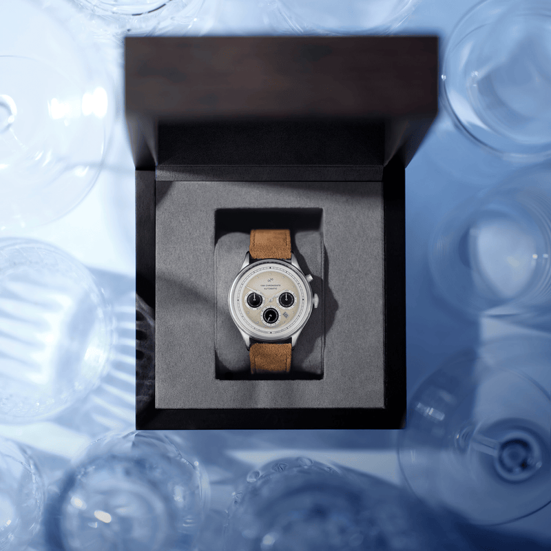 1564 Chronodate Automatic by AV86 vintage-inspired chronograph with sapphire crystal and leather strap in presentation box