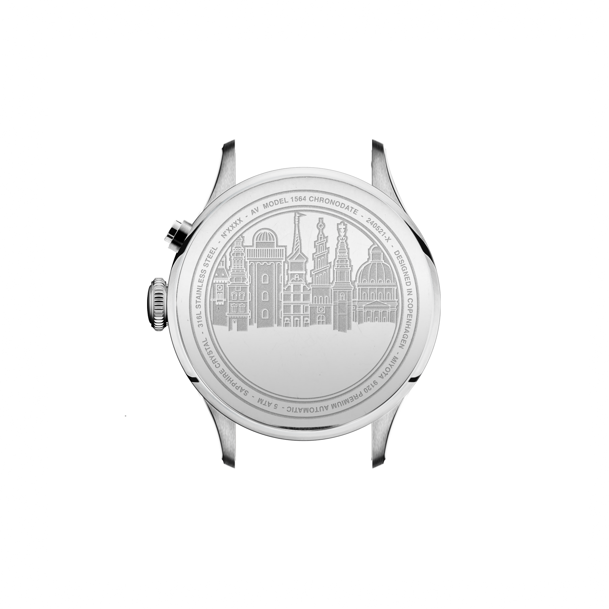 1564 Chronodate Automatic fra AV86 med indgraveret detaljeret skyline over København på bagkassen af rustfrit stål.