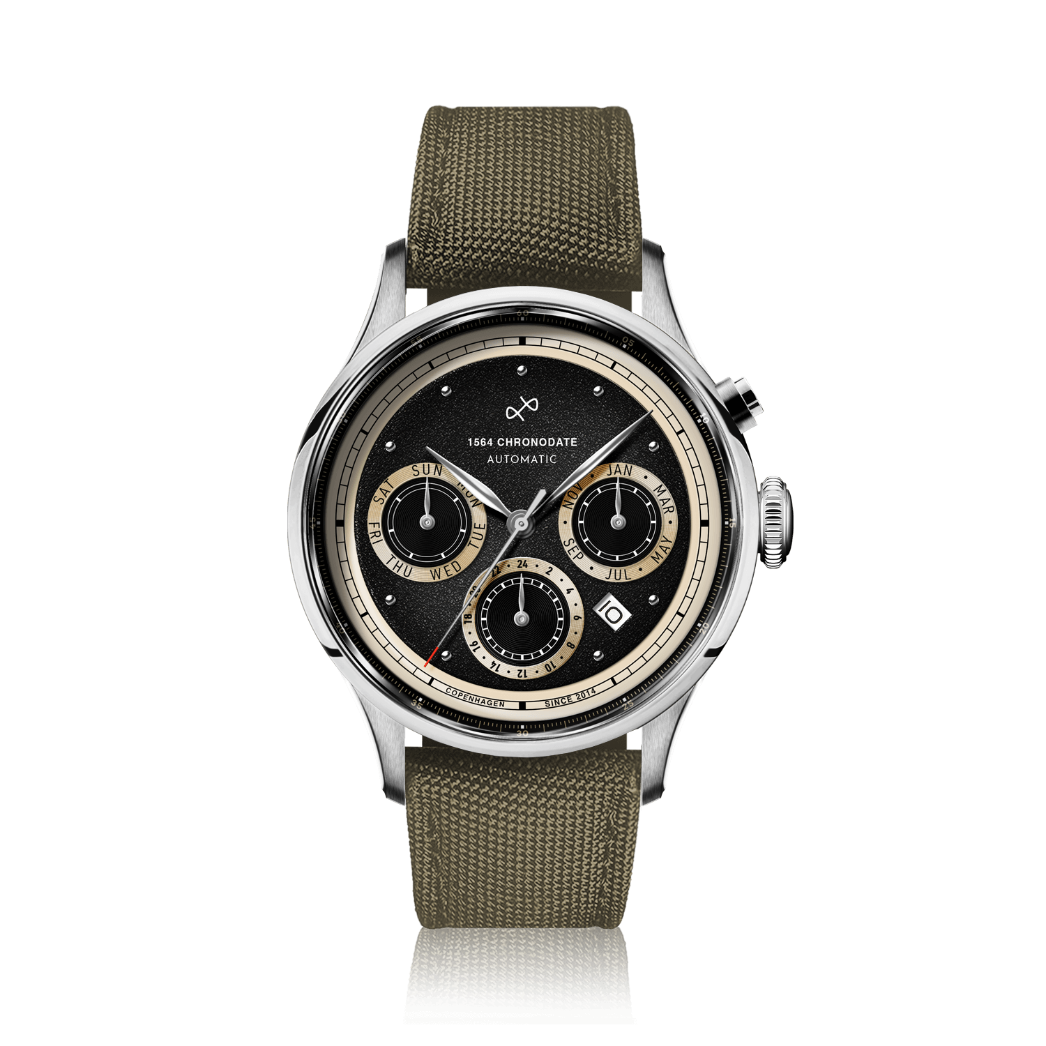 1564 Chronodate Automatic, stål/sort ur fra AV86 Watch med sort strukturskive og olivengrøn stofrem