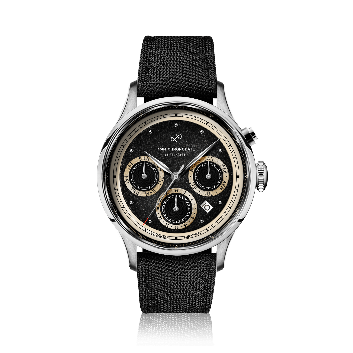 1564 Chronodate Automatic, stål/sort ur fra AV86 med sort strukturskive og sort stofrem