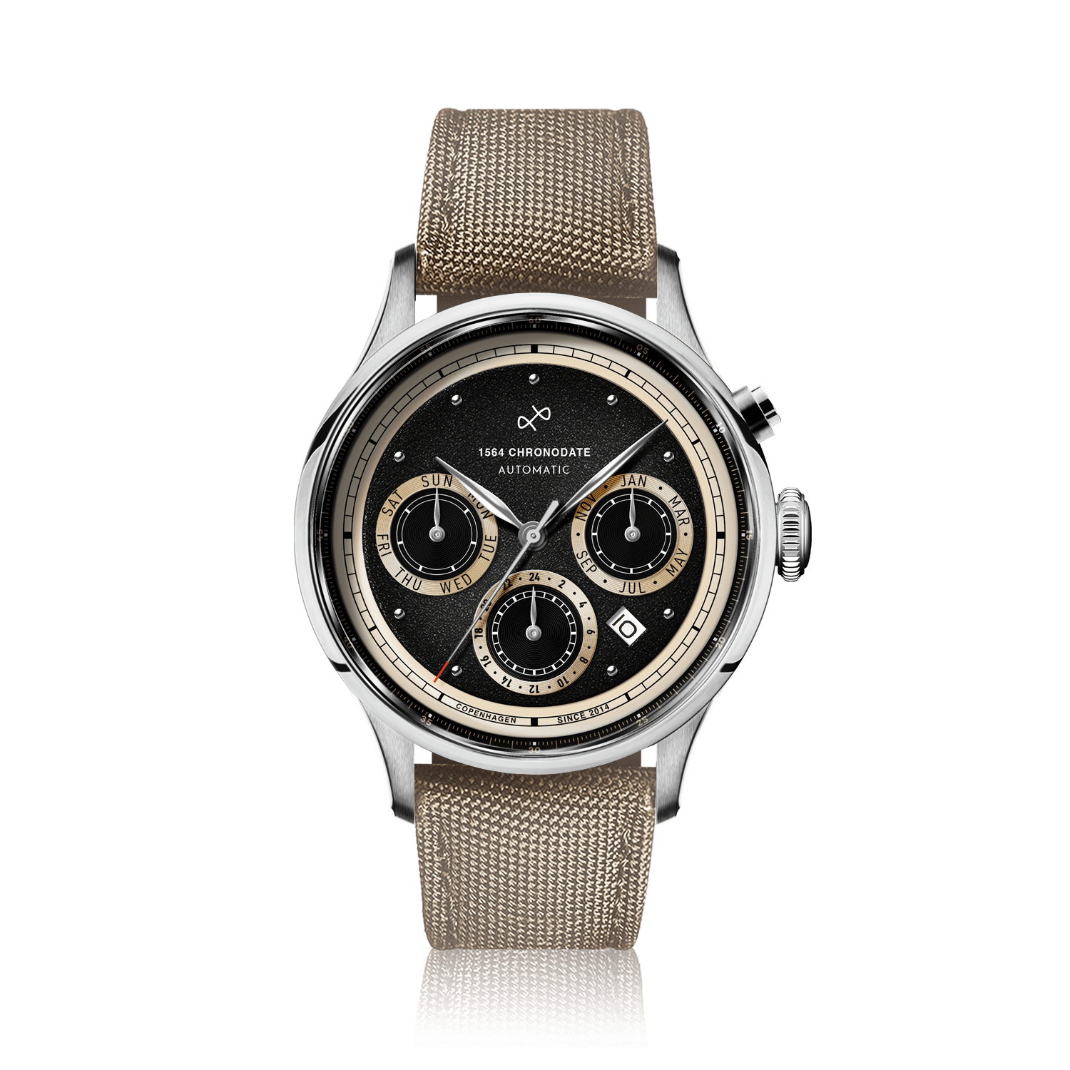 1564 Chronodate Automatic, stål/sort ur fra AV86 med sort urskive og beige stofrem