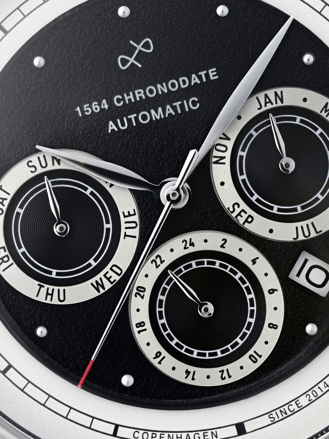 1564 Chronodate Automatic by AV86 vintage-inspired dial with triple subdials, date window, and finely textured black face