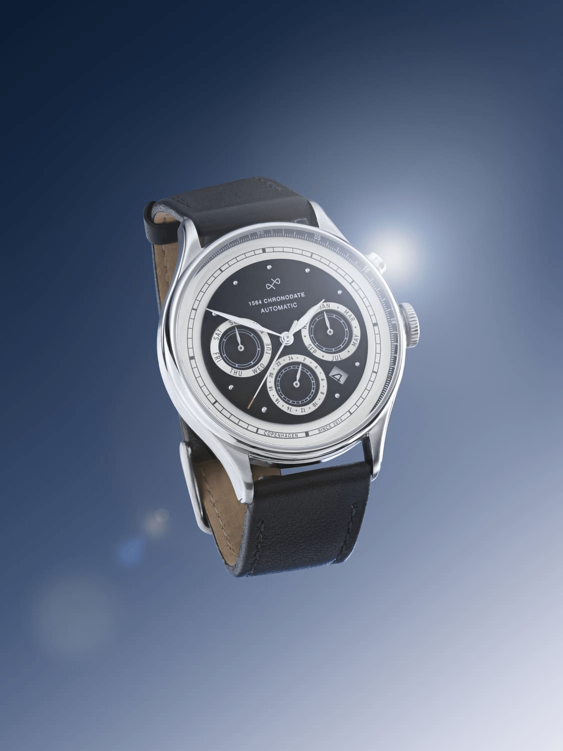 1564 Chronodate Automatic by AV86 luxury vintage-inspired automatic chronograph with sapphire crystal and black leather strap