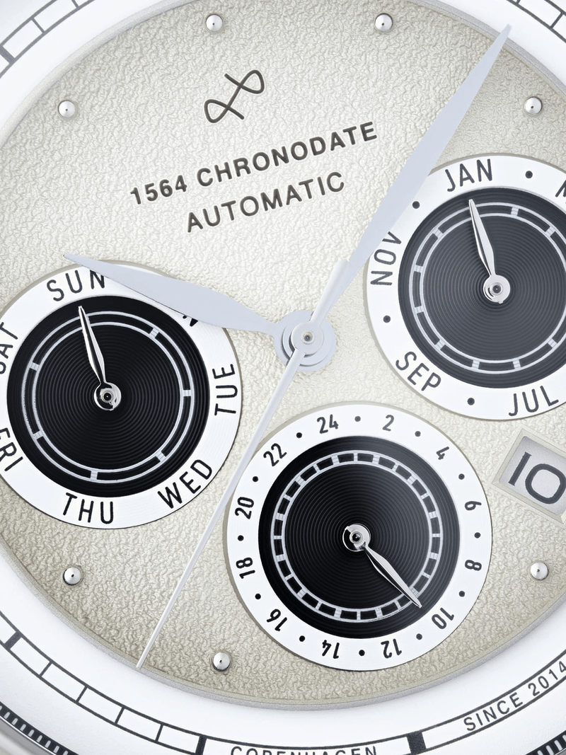 1564 Chronodate Automatic by AV86 vintage-inspired automatic watch with multi-function subdials and textured dial