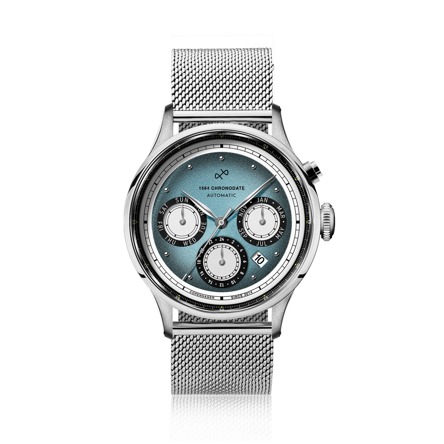 1564 Chronodate Automatic, Steel / Ice Blue & White