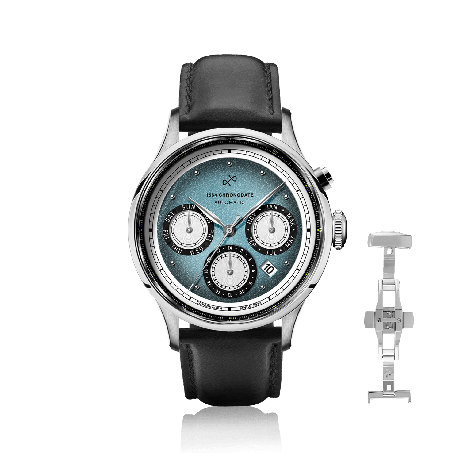 1564 Chronodate Automatic, Steel / Ice Blue & White