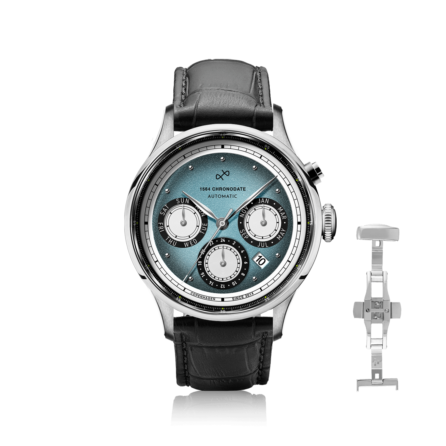 1564 Chronodate Automatic, Steel / Ice Blue & White