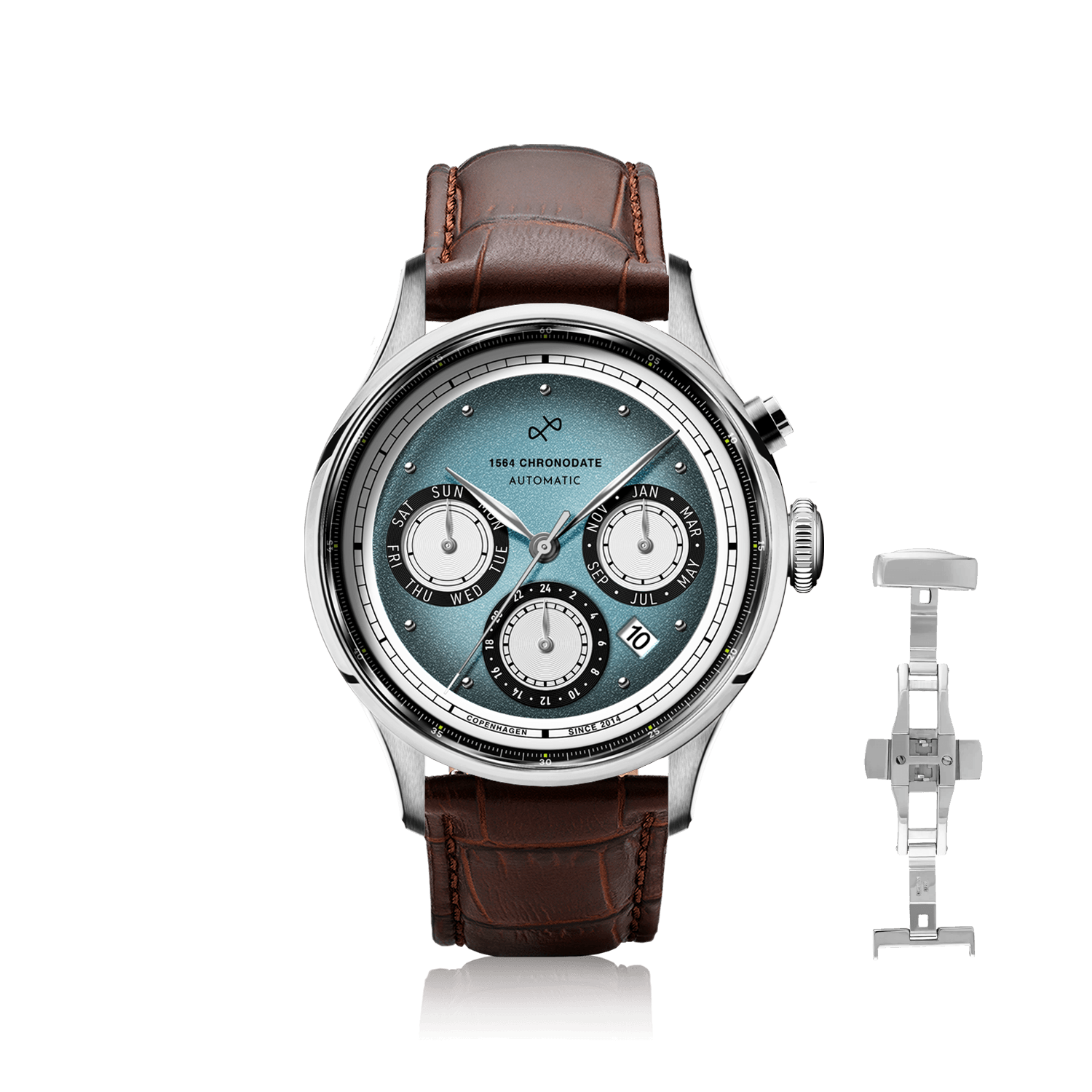 1564 Chronodate Automatic, Steel / Ice Blue & White