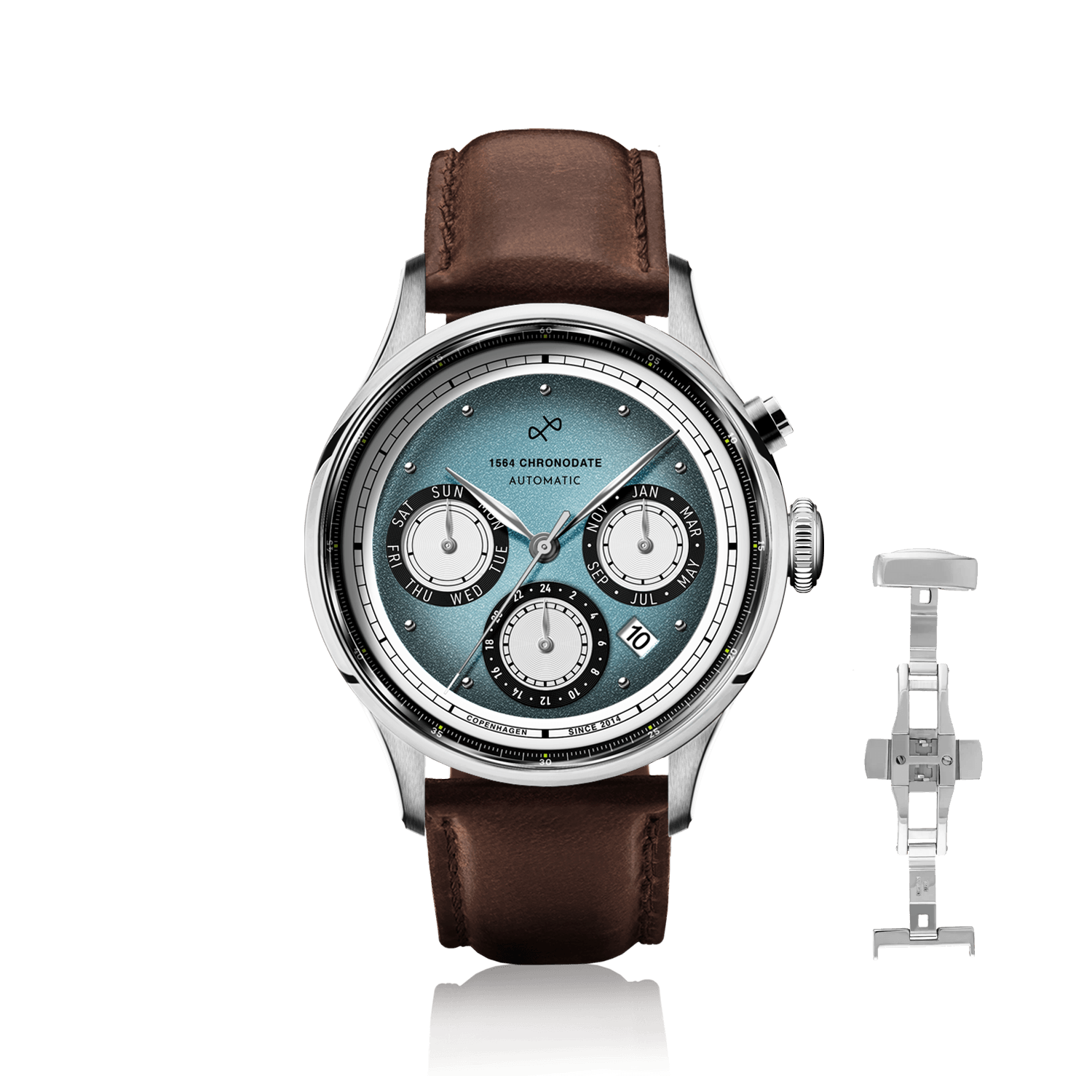 1564 Chronodate Automatic, Steel / Ice Blue & White