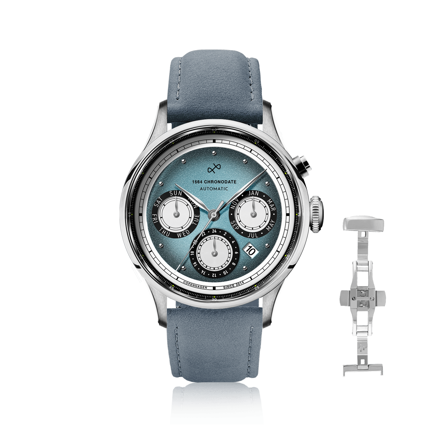 1564 Chronodate Automatic, Steel / Ice Blue & White
