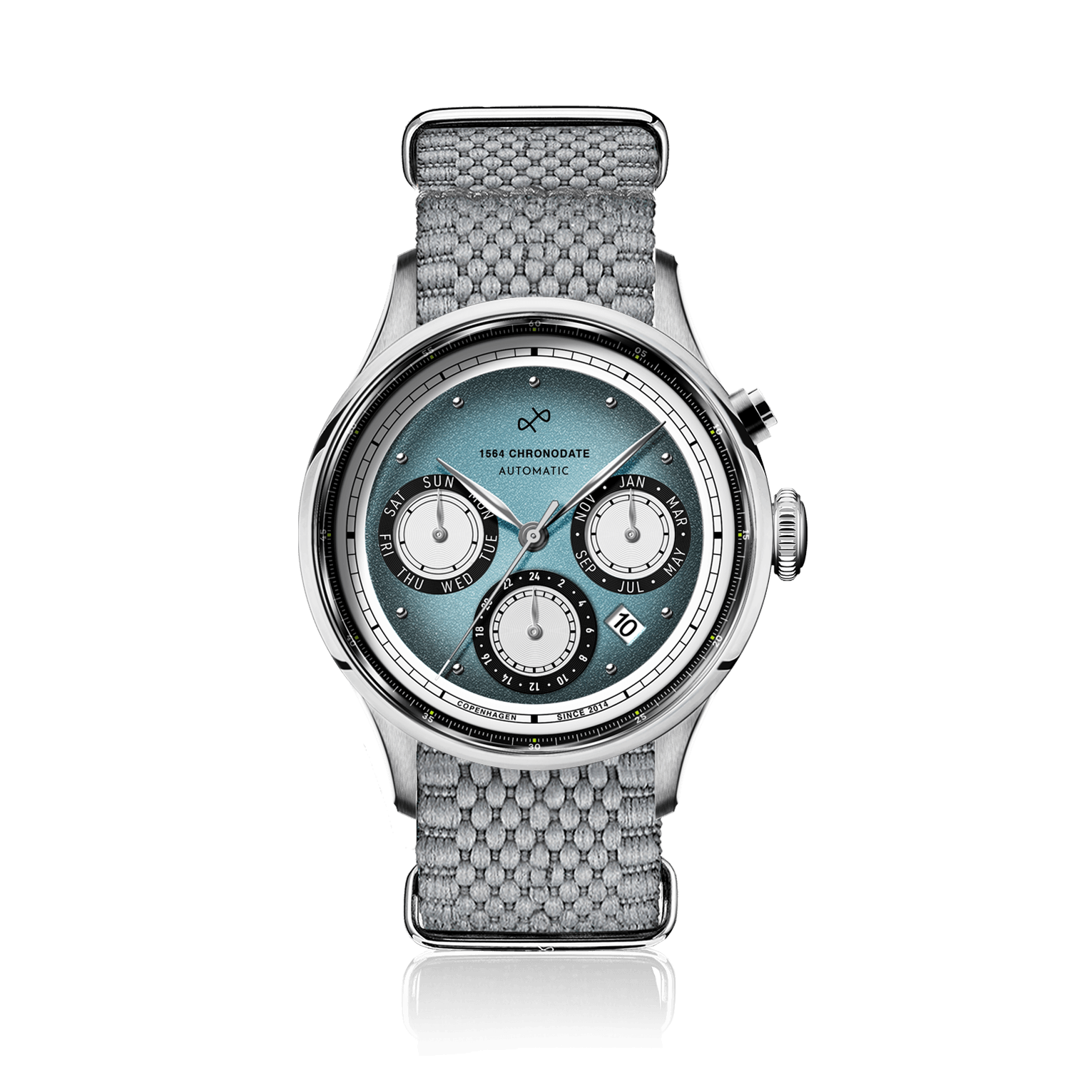 1564 Chronodate Automatic, Steel / Ice Blue & White