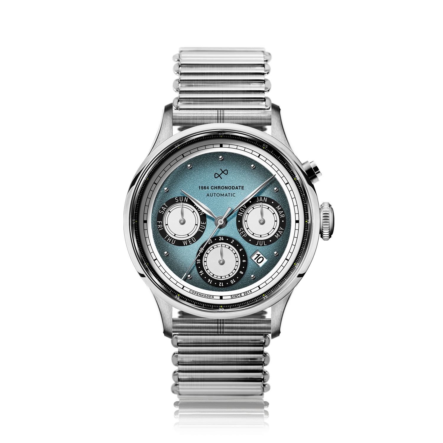 1564 Chronodate Automatic, Steel / Ice Blue & White