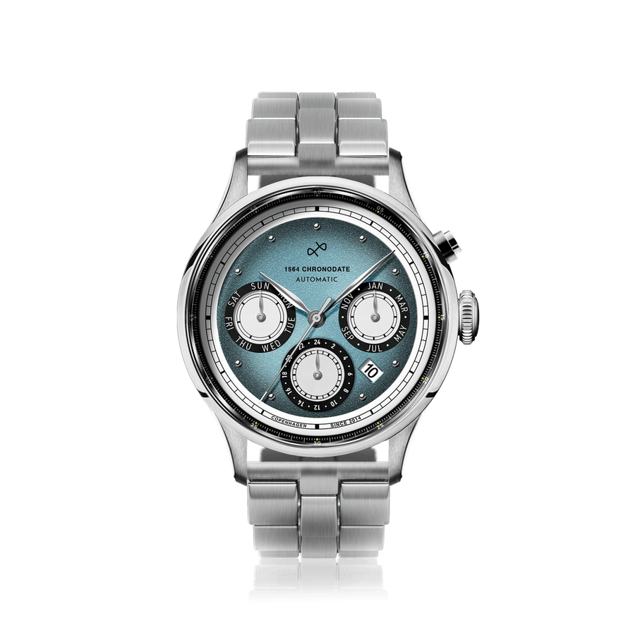 AV86 1564 Chronodate Automatic, Steel / Ice Blue & White automatic watch with ice blue triple-calendar dial, polished steel case, and steel bracelet