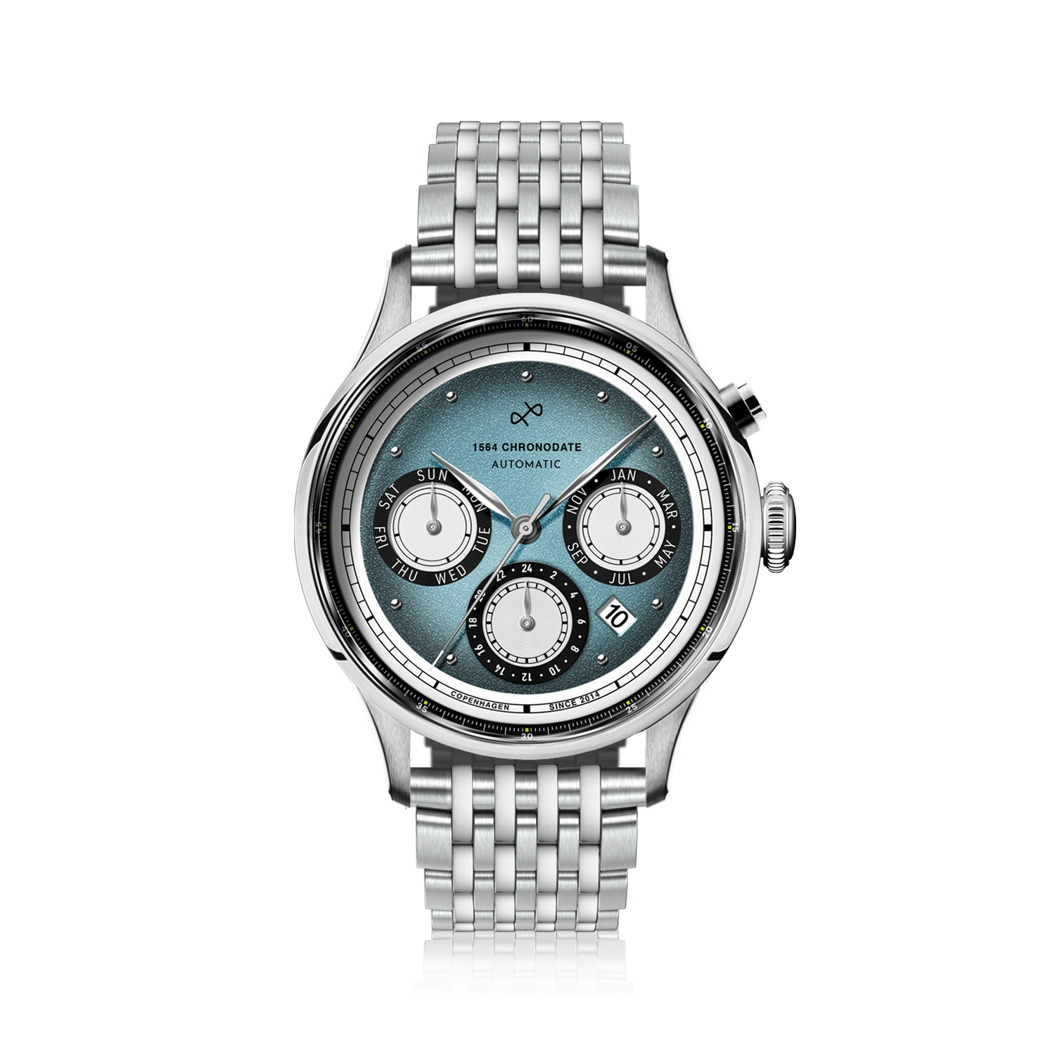 1564 Chronodate Automatic, Steel / Ice Blue & White