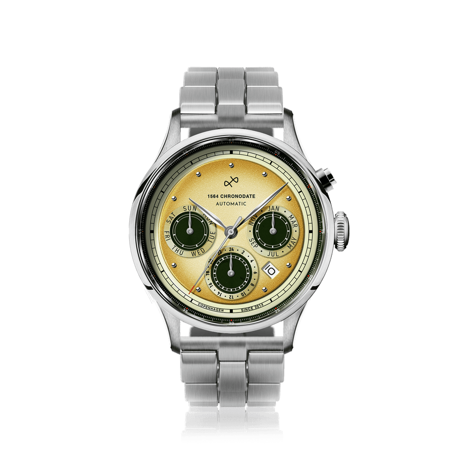 1564 Chronodate Automatic by AV86 vintage-inspired automatic chronograph with sapphire crystal and metal bracelet strap