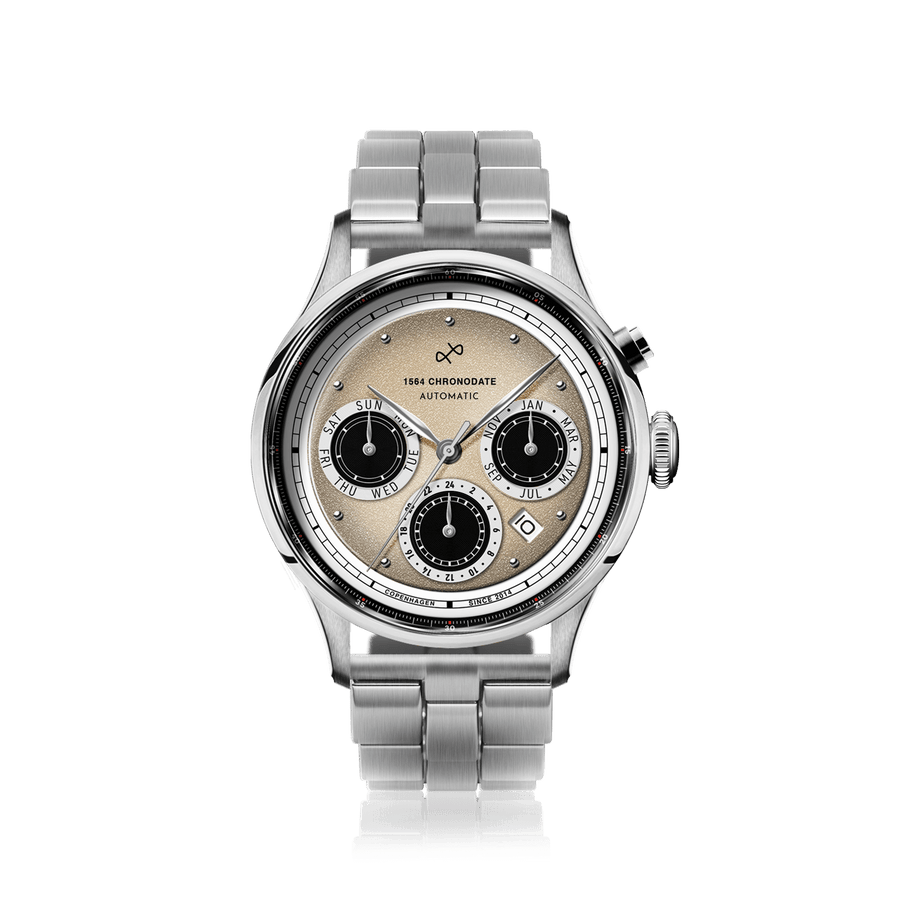 1564 Chronodate Automatic by AV86 with vintage-inspired chronograph dial, sapphire crystal, date window, and stainless steel bracelet strap