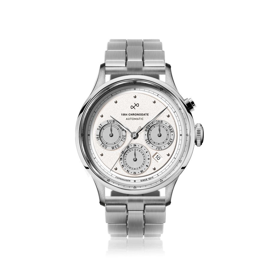1564 Chronodate Automatic by AV86 features a vintage-inspired automatic chronograph with a textured dial, sapphire crystal, polished steel case, and triple subdials for day, month, and 24-hour time, paired with a brushed steel bracelet, exemplifying Danish horological precision and minimalist Scandinavian design.