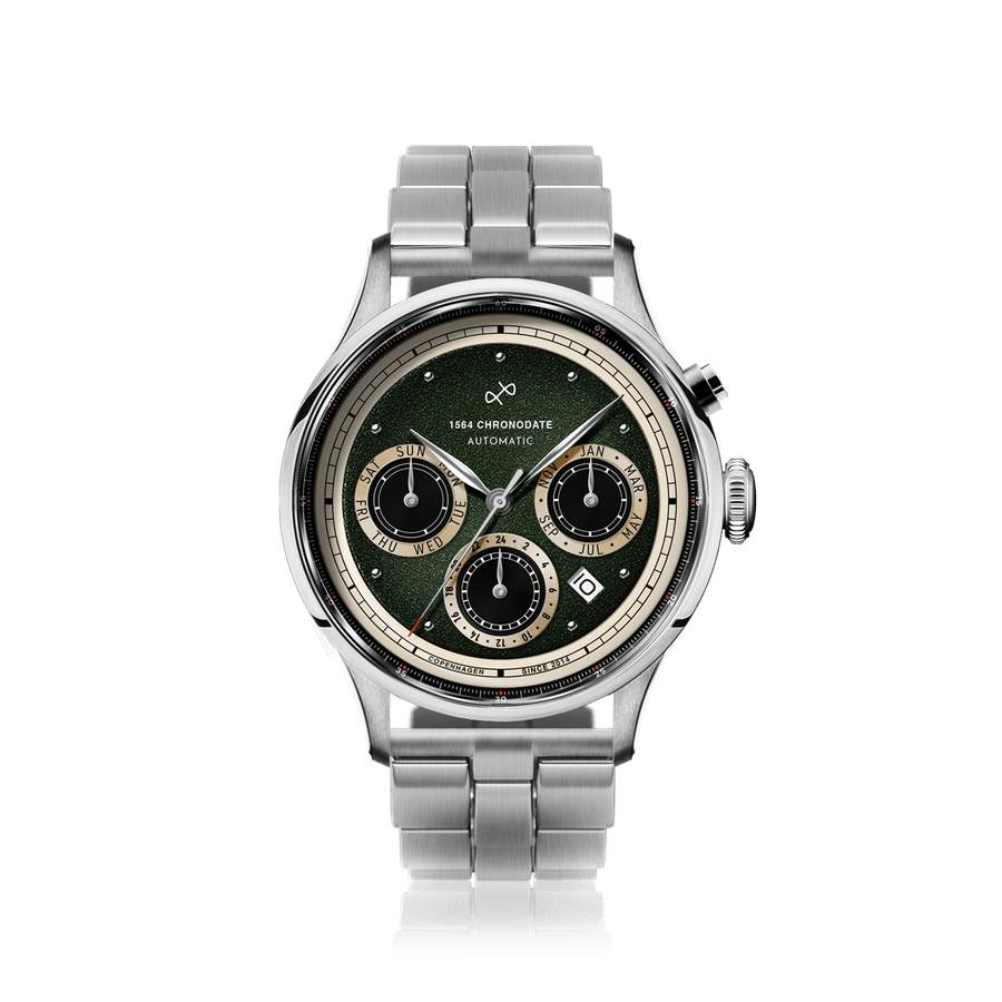 1564 Chronodate Automatic by AV86 vintage-inspired chronograph with sapphire crystal, garnished green dial, and steel bracelet strap