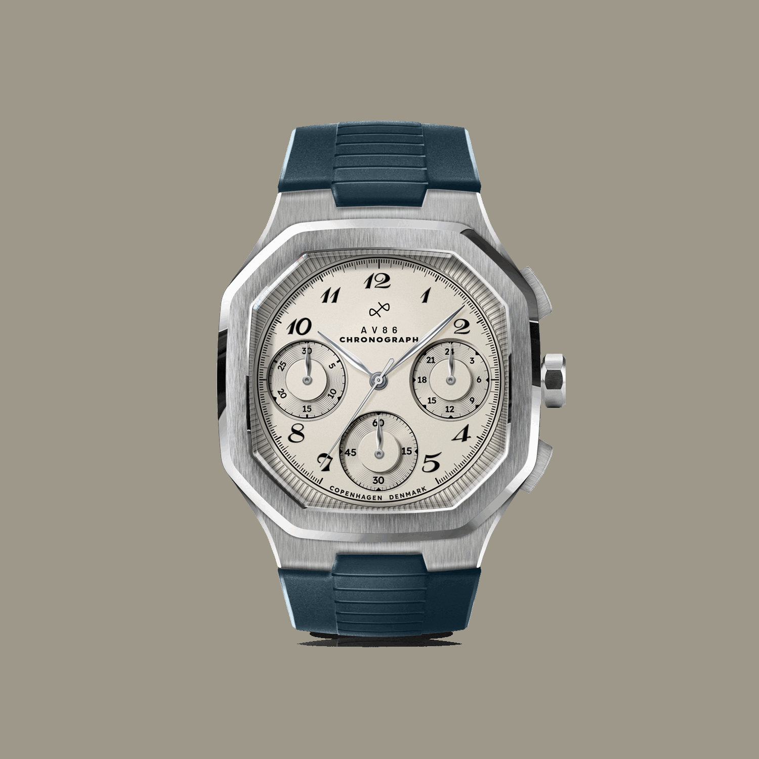 VB86 chronograph by AV86 with vintage-inspired dial, sapphire crystal, stainless steel case, and rubber strap