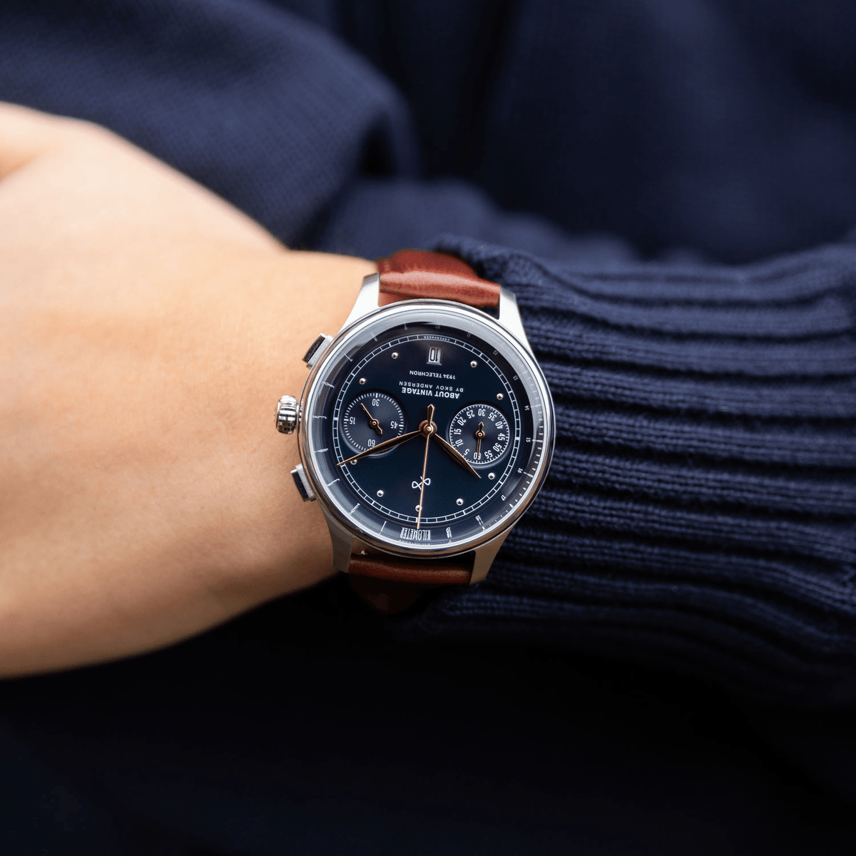 1934 Telechron by AV86 vintage-inspired chronograph with telemeter, sapphire crystal, and brown leather strap on wrist