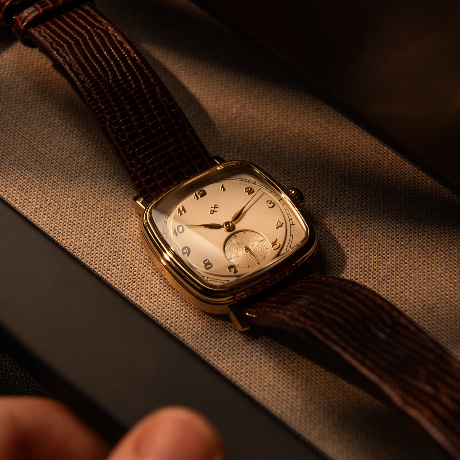 1954 Amalfi Mechanical by AV86 with polished cushion case, vintage dial, small seconds subdial, sapphire crystal, and textured leather strap