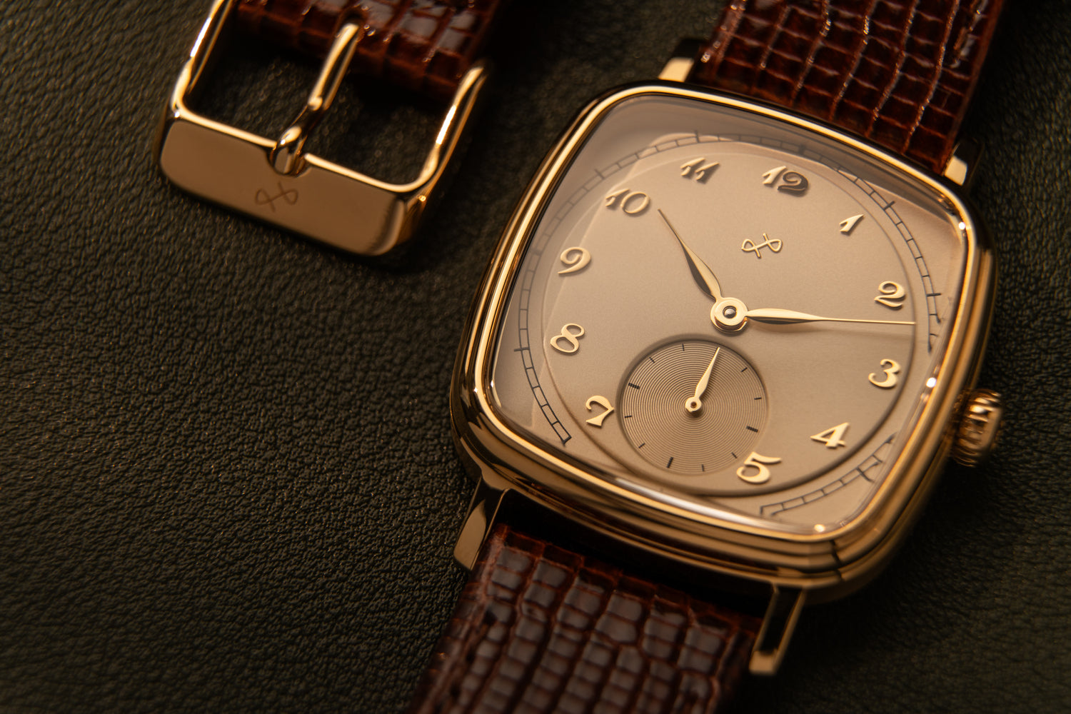 1954 Amalfi Mechanical by AV86 with polished cushion case, vintage dial, small seconds, sapphire crystal, and textured leather strap