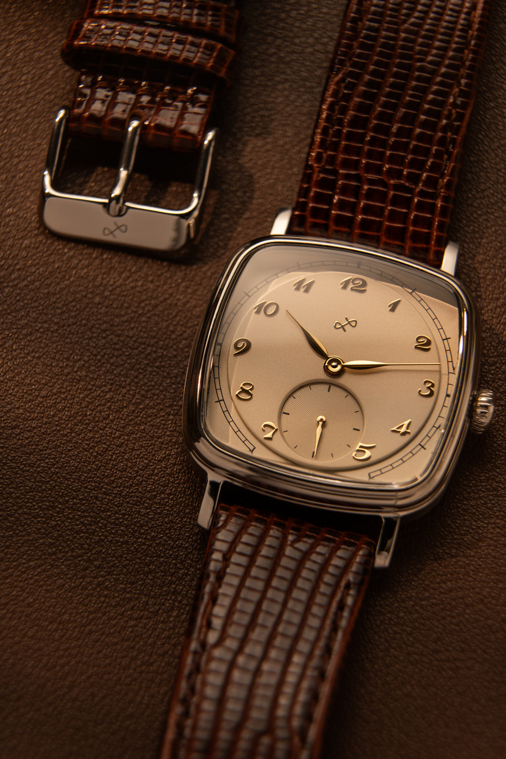 1954 Amalfi Mechanical by AV86 featured with cushion case, vintage-inspired dial, mechanical movement, and brown textured leather strap