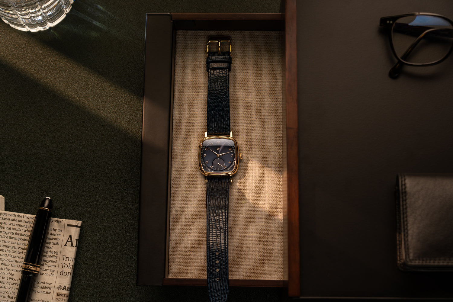 1954 Amalfi Mechanical by AV86 luxury dress watch with polished gold case, mechanical movement, small seconds, textured leather strap