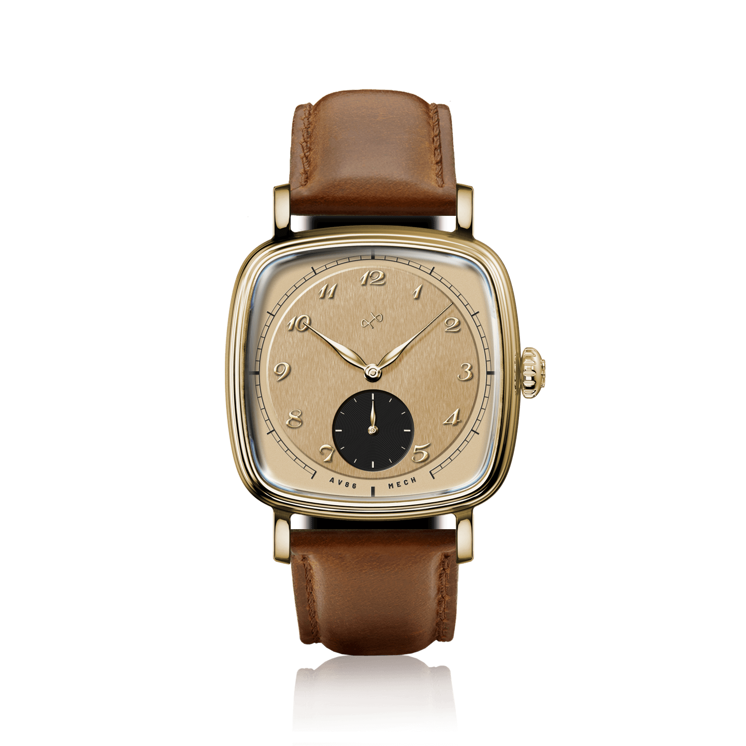 1954 Amalfi Mechanical by AV86 vintage-inspired dress watch with gold case, curved sapphire crystal, and tan leather strap