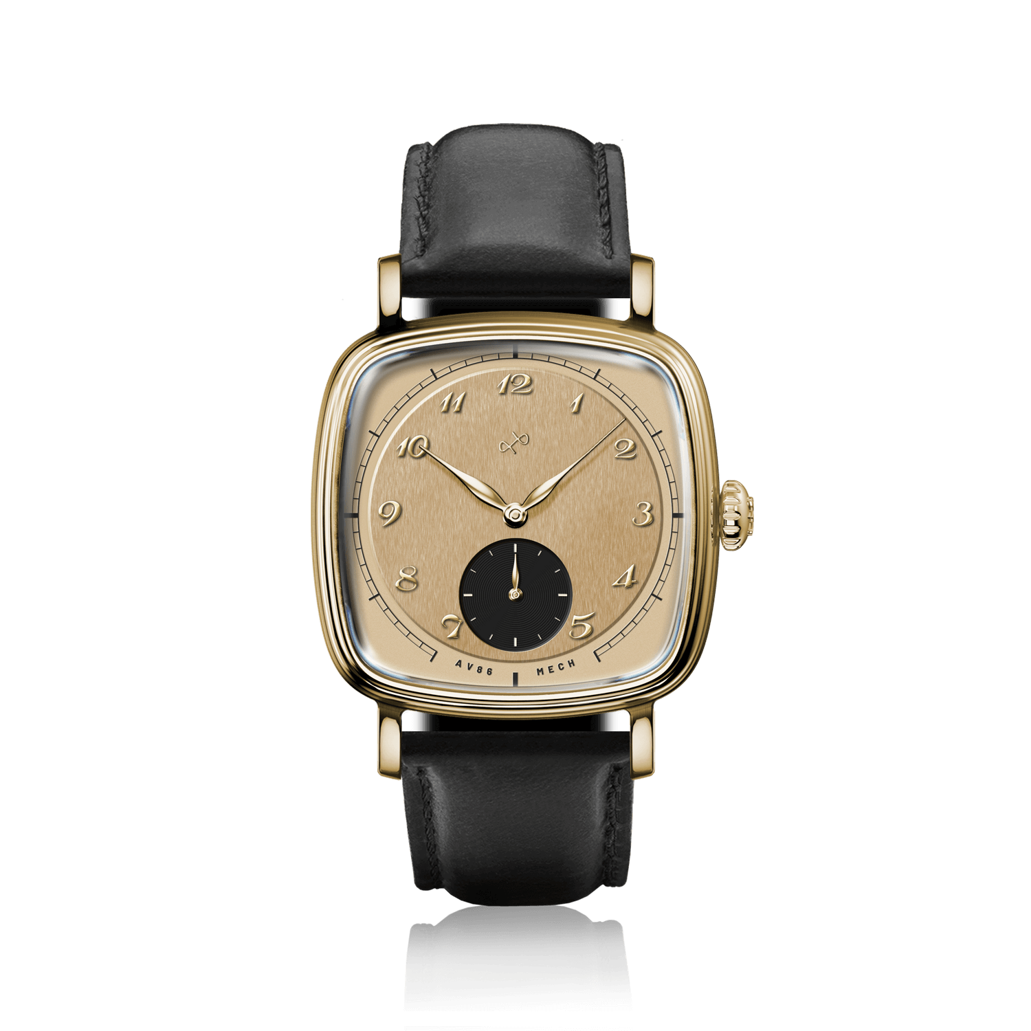 1954 Amalfi Mechanical by AV86 features a vintage-inspired mechanical dress watch with a square gold case and black leather strap