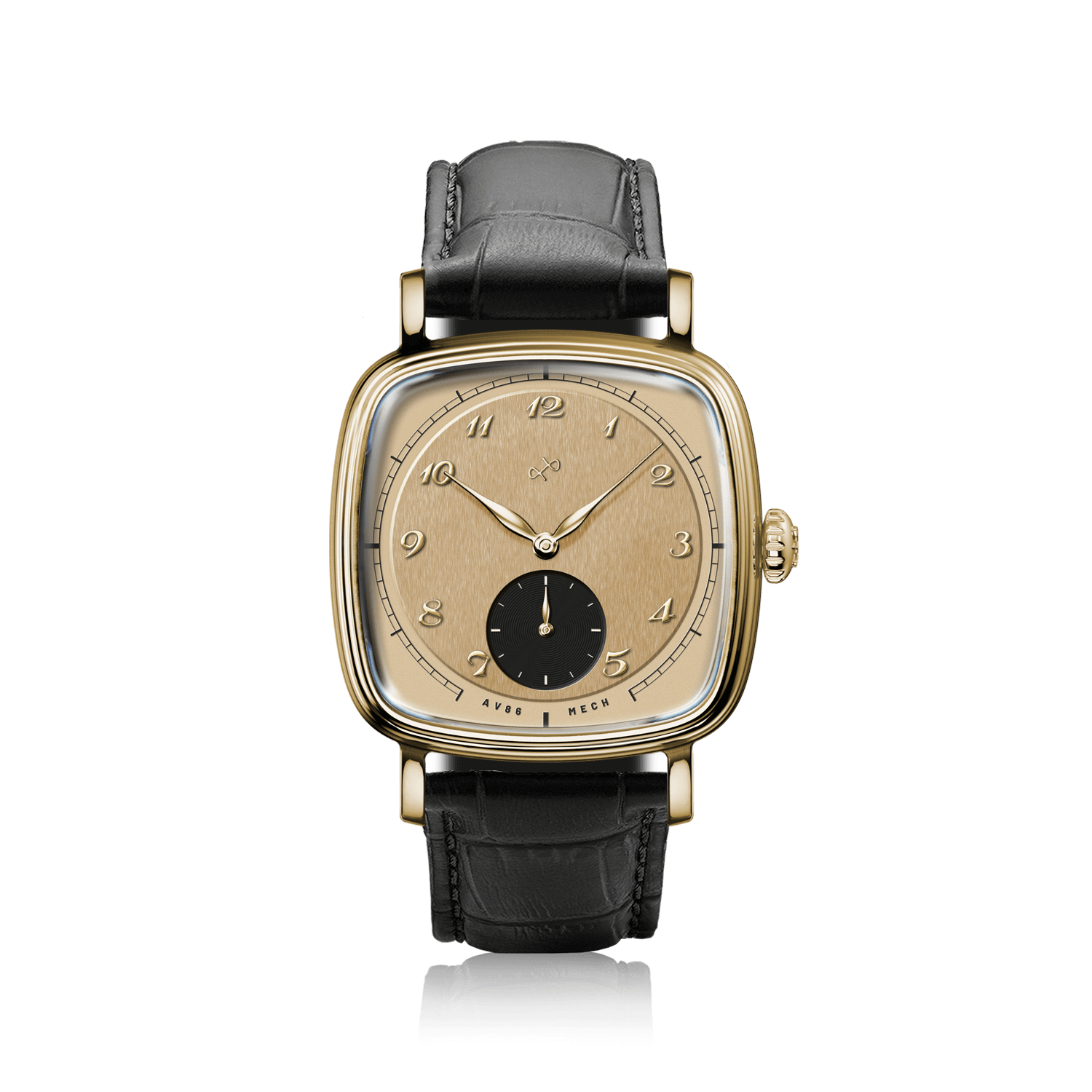 1954 Amalfi Mechanical by AV86 features a vintage-inspired automatic watch with brushed dial, sapphire crystal, and black leather strap.