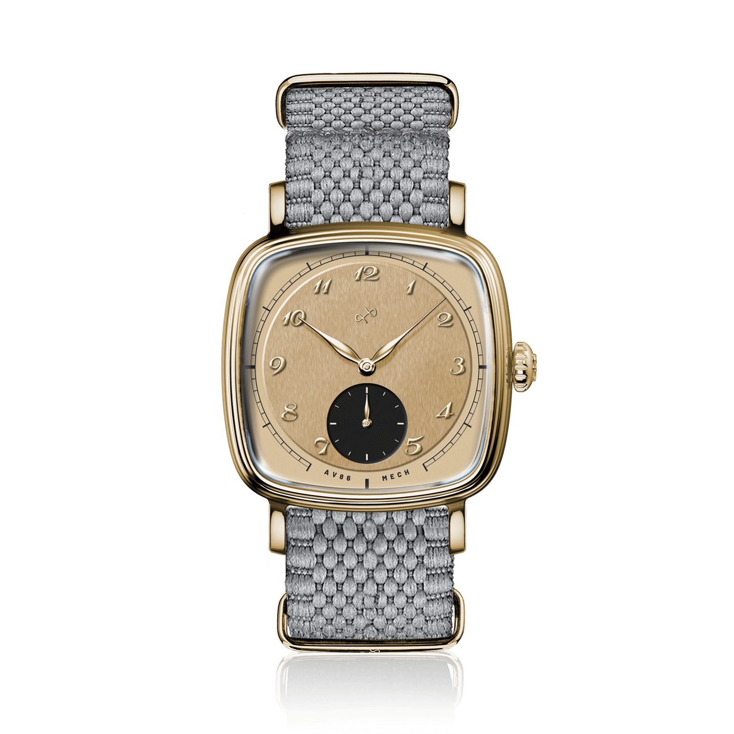 1954 Amalfi Mechanical by AV86 features a vintage-inspired automatic watch with a gold-tone case, black subdial, and woven textile strap.