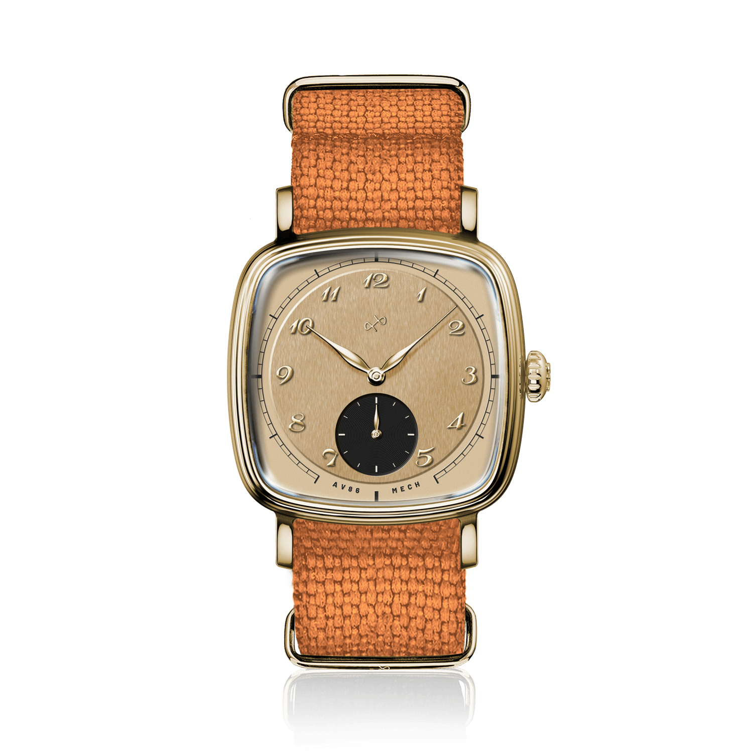 1954 Amalfi Mechanical by AV86 with square gold case, vintage-inspired dial, mechanical movement, and textured leather strap luxury timepiece