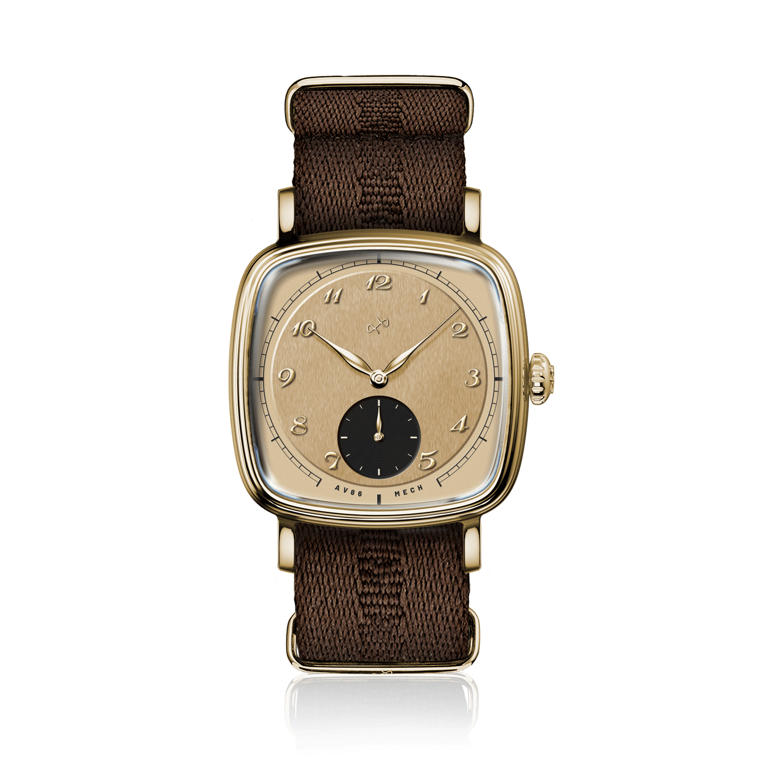 1954 Amalfi Mechanical featuring a vintage-inspired square case, mechanical movement, textured dial, and fabric strap by AV86
