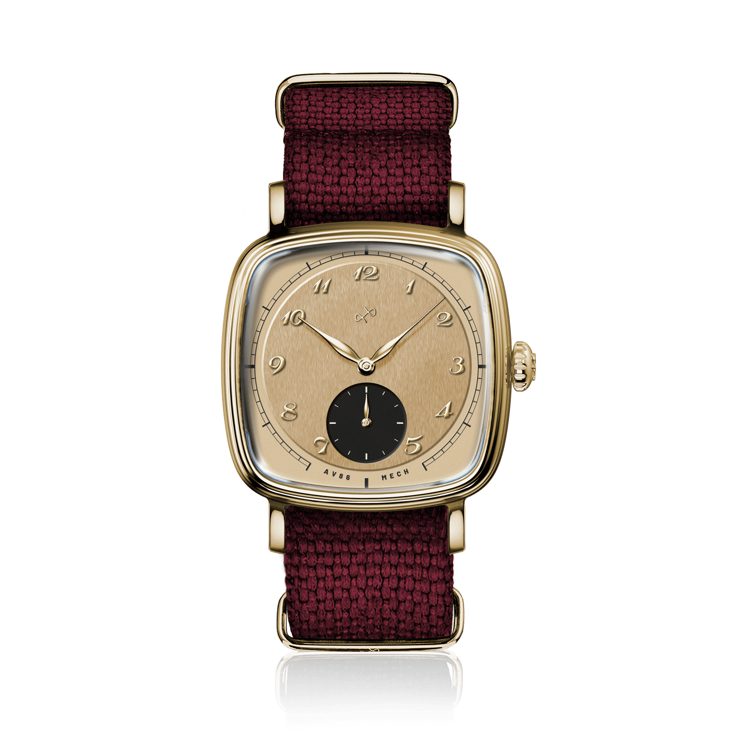 1954 Amalfi Mechanical by AV86, vintage-inspired mechanical watch with gold case, textured dial, and burgundy woven strap.