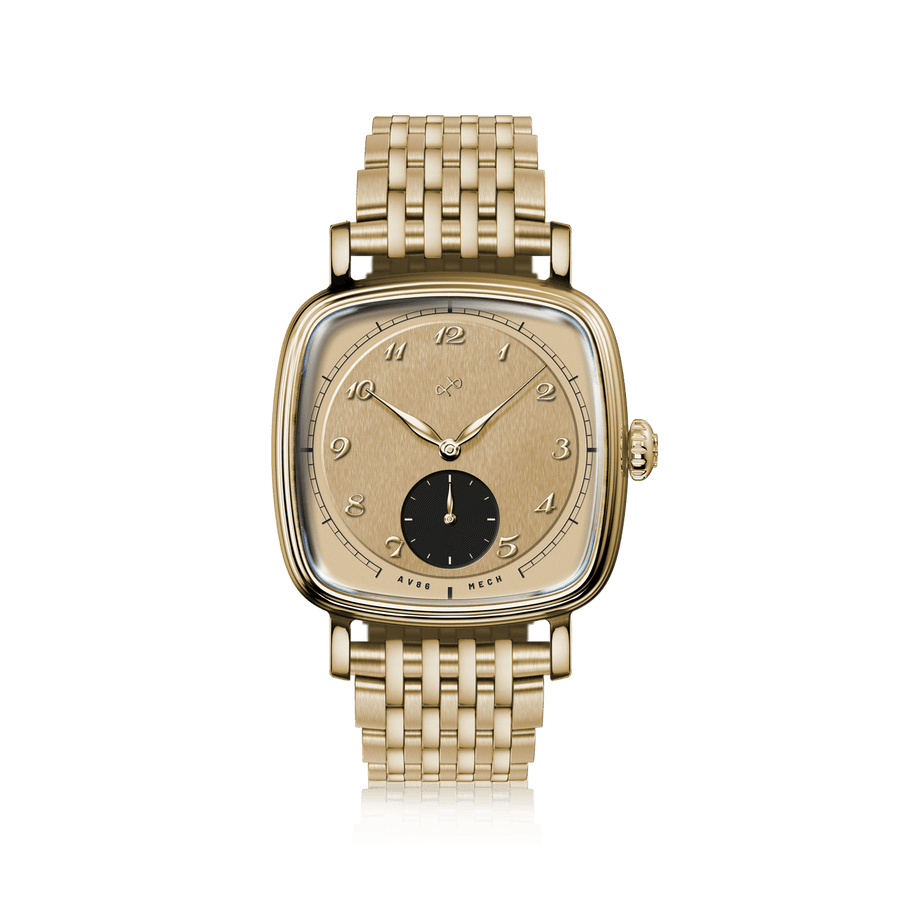 1954 Amalfi Mechanisch von AV86 mit einem quadratischen Gehäuse in Goldoptik im Vintage-Stil, einem mechanischen Uhrwerk und einem Metallarmband.