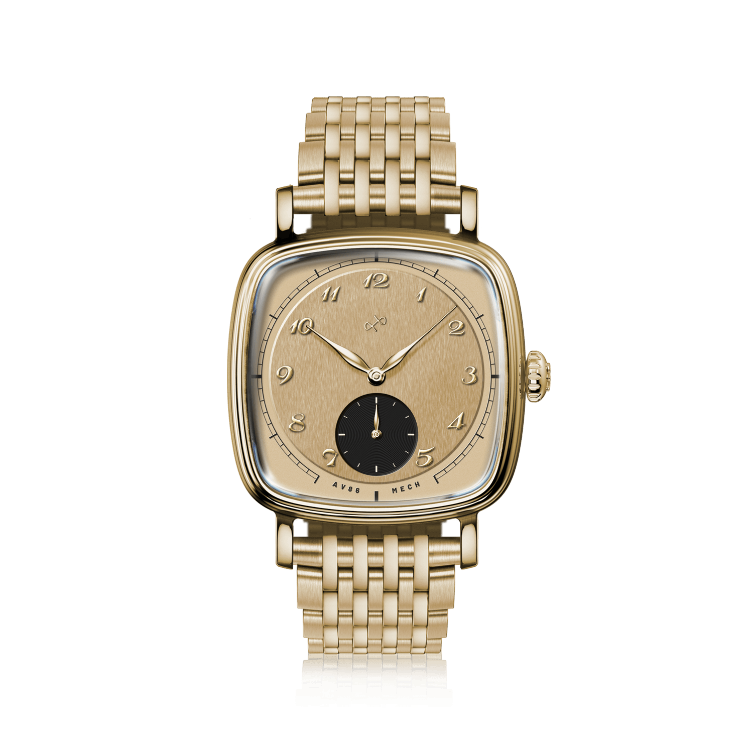 1954 Amalfi Mechanical by AV86 featuring a vintage-inspired gold square case, mechanical movement, and linked metal bracelet.