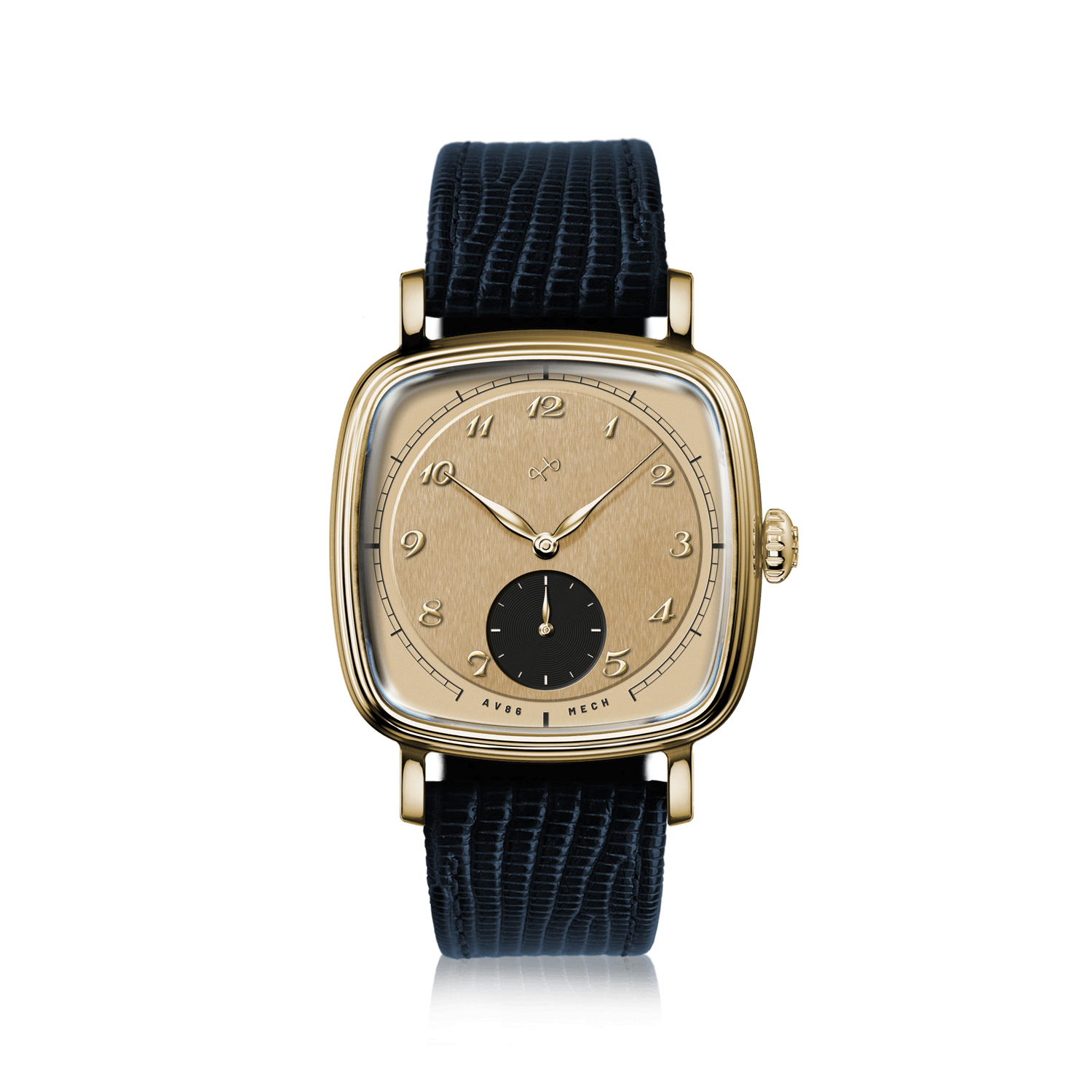 1954 Amalfi Mechanical by AV86, vintage-inspired dress watch with gold-tone square case, sapphire crystal, black leather strap, subdial seconds