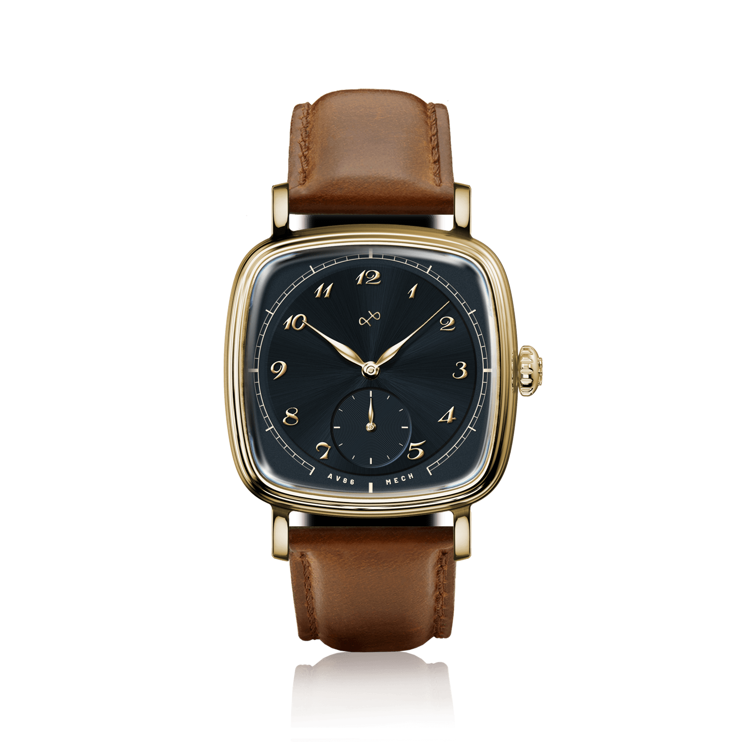 1954 Amalfi Mechanical by AV86 luxury dress watch with polished gold case, mechanical small seconds, and brown leather strap
