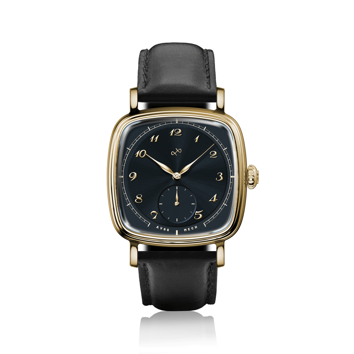 1954 Amalfi Mechanical by AV86 luxury dress watch with polished gold case, mechanical small seconds, and black leather strap