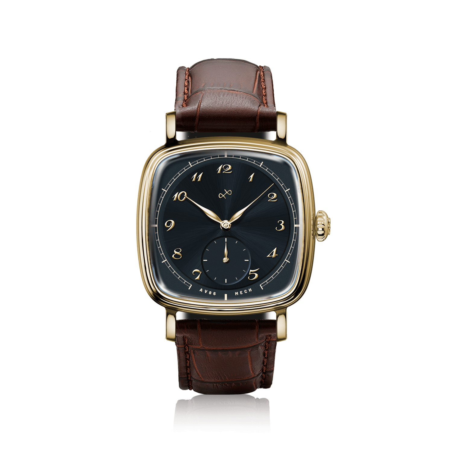 1954 Amalfi Mechanical, Gold / Midnight Blue by AV86 luxury dress watch with polished gold case, mechanical small seconds, and brown leather strap