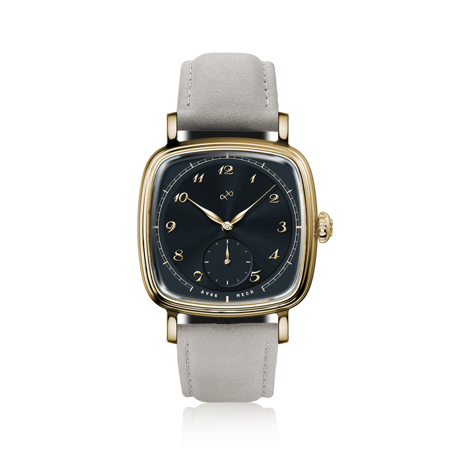 1954 Amalfi Mechanical by AV86 luxury dress watch with polished gold case, mechanical small seconds, sapphire crystal, and light leather strap