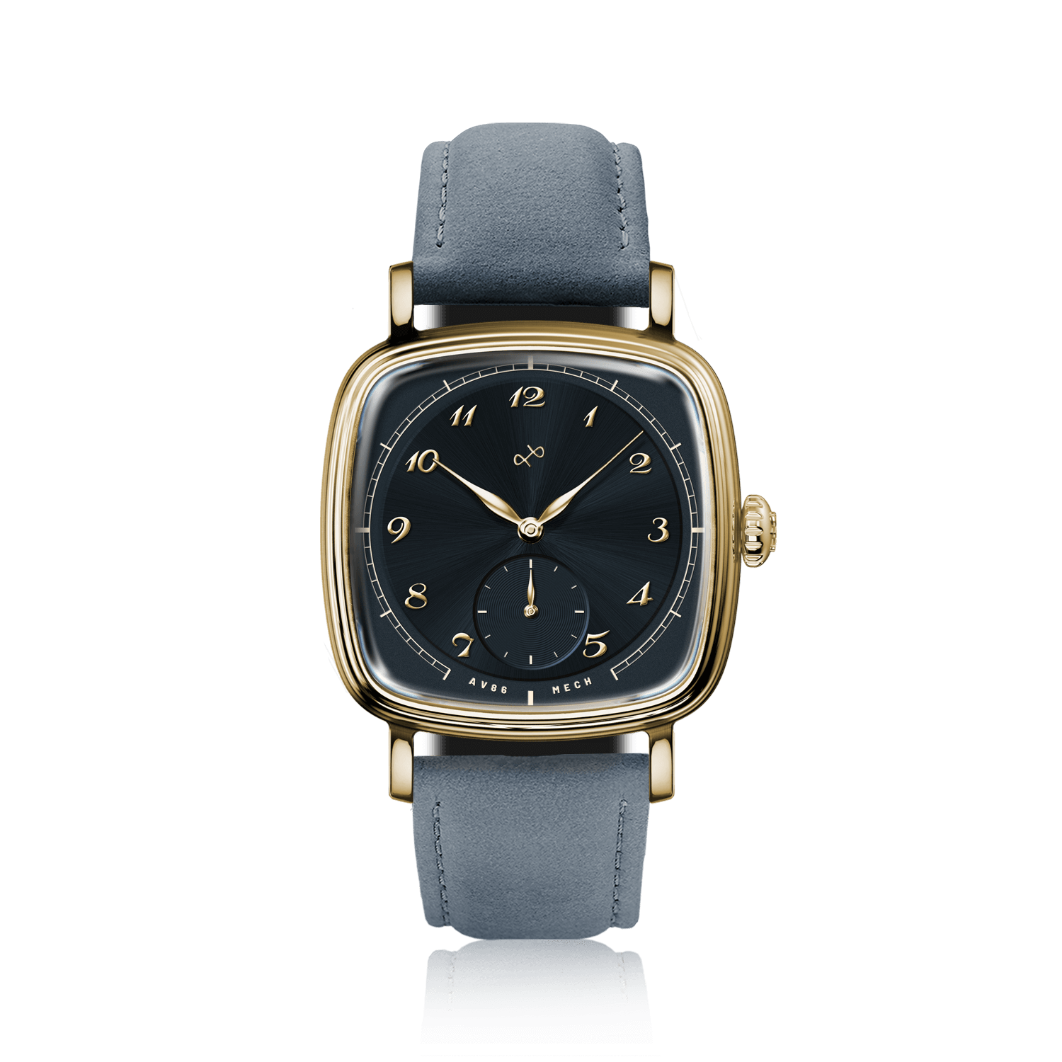 1954 Amalfi Mechanical, Gold / Midnight Blue by AV86 luxury dress watch with gold case, mechanical small seconds, sapphire crystal, leather strap