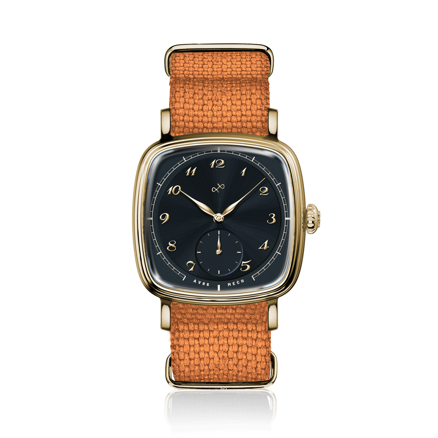 1954 Amalfi Mechanical by AV86 luxury dress watch with polished gold case, mechanical small seconds, sapphire crystal, and textured tan strap