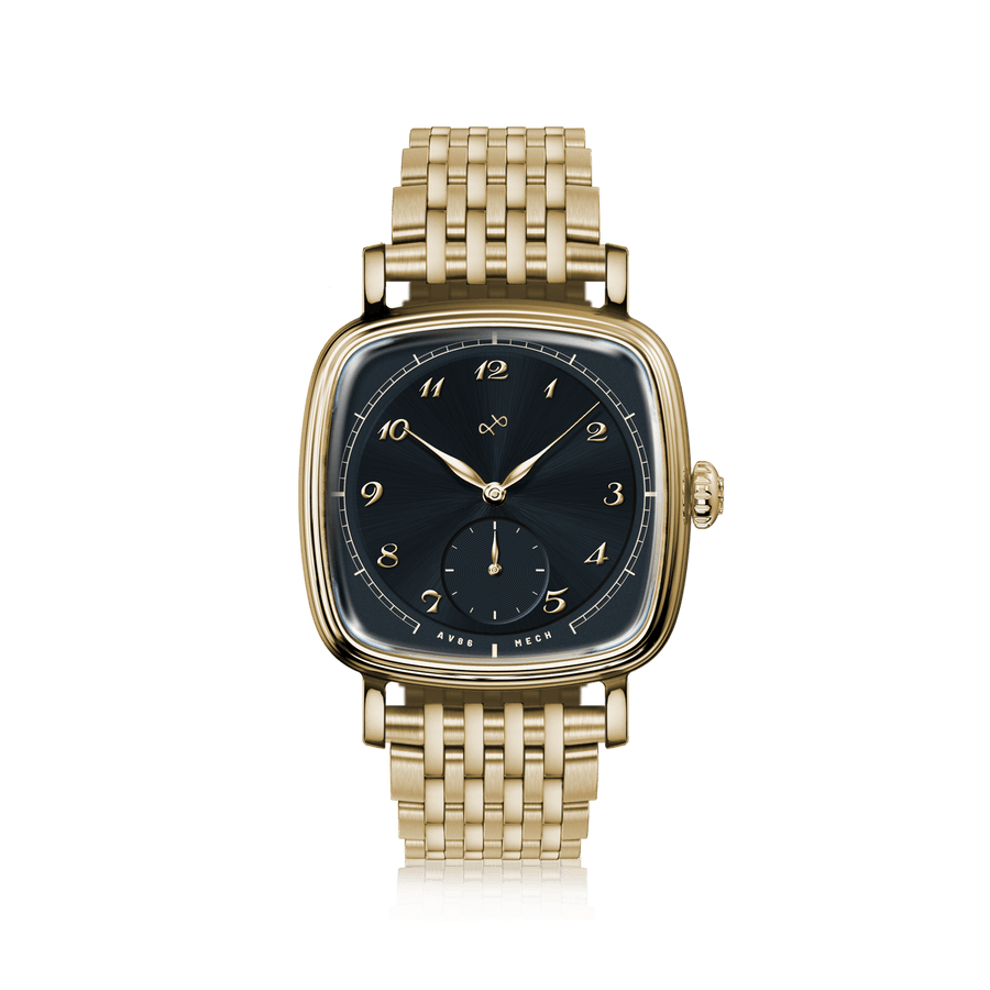 1954 Amalfi Mechanical von AV86 – luxuriöse Dresswatch mit goldenem Gehäuse, mechanischer kleiner Sekunde, gewölbtem Saphirglas und goldenem Metallarmband