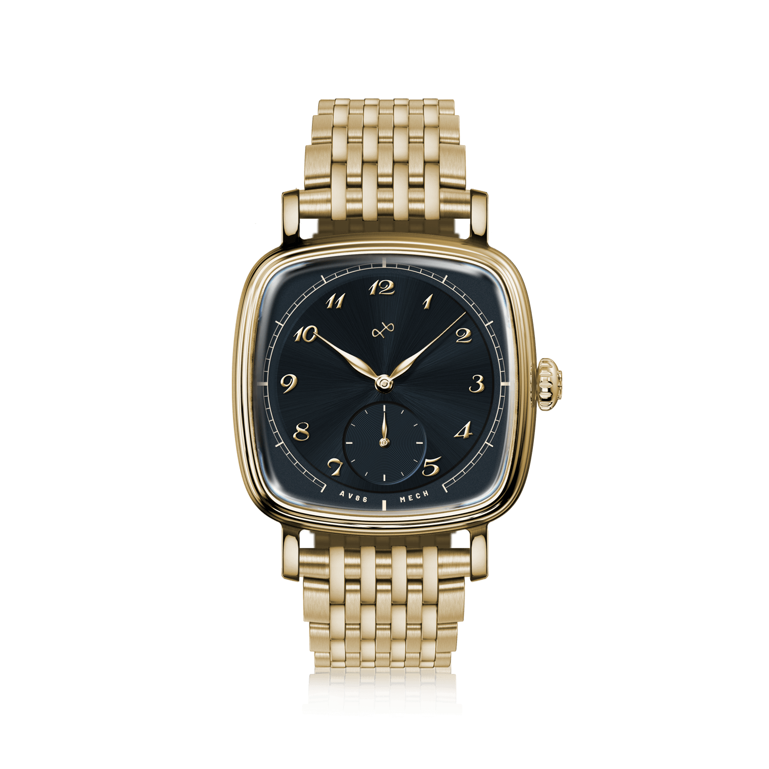 1954 Amalfi Mechanical by AV86 luxury dress watch with gold case, mechanical small seconds, curved sapphire crystal, and gold bracelet
