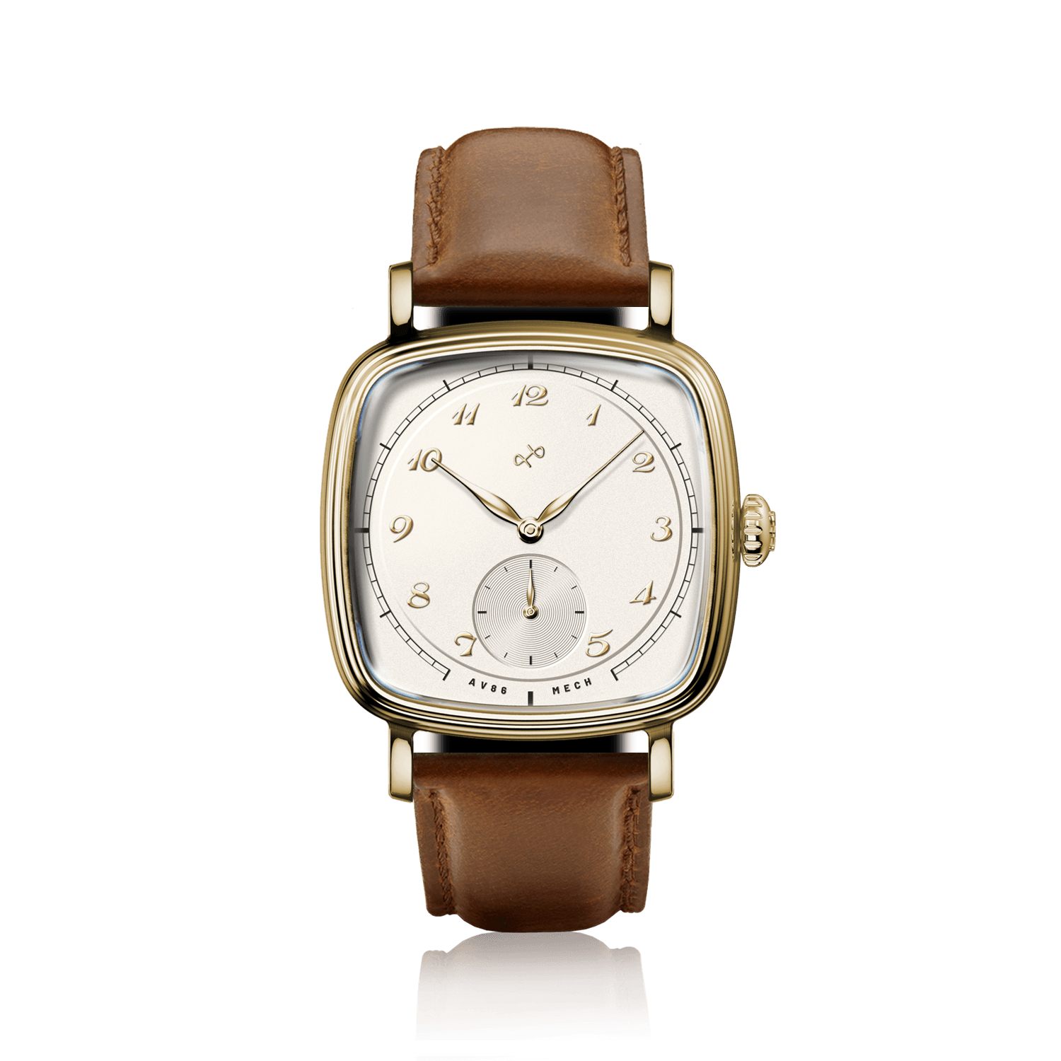 1954 Amalfi Mechanical by AV86 with polished cushion case, vintage dial, small seconds, sapphire crystal, and brown leather strap
